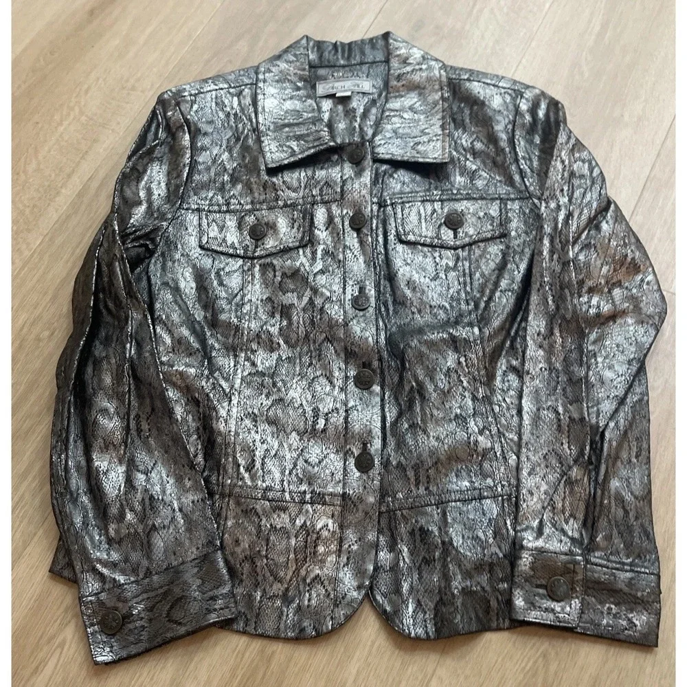 Vintage Birch Hill Trucker Jacket Metallic Snake Skin Women's Medium Silver Y2K